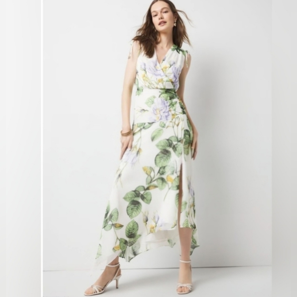 WHBM Elegant White Floral Flowy Rusched Asymmetric Sleeveless Midi Sz:12